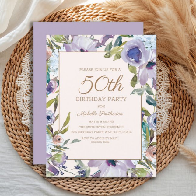 Invitation Elégante Lilac Purple Floral Verdure 50e Anniversa (Purple watercolor floral women's 50th birthday party invitation)