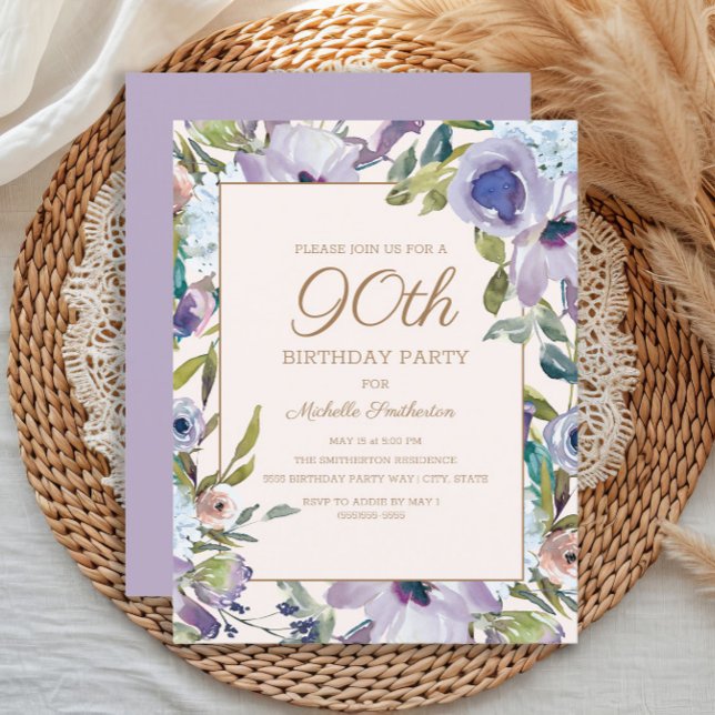 Invitation Elégante Lilac Purple Floral Verdure 90e anniversa (Purple watercolor floral 90th birthday party invitation)