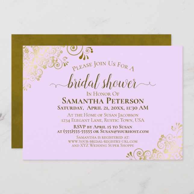 Invitation Elégante Lilac Purple & Gold Lace Fête des mariées (Devant / Derrière)