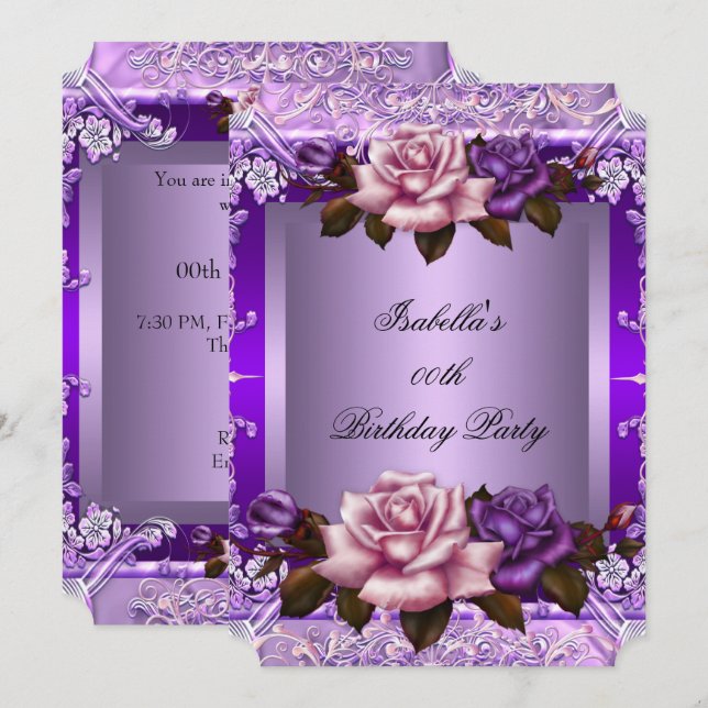 Invitation Élégante Lilac Rose violet rose rose fête d'annive (Devant / Derrière)