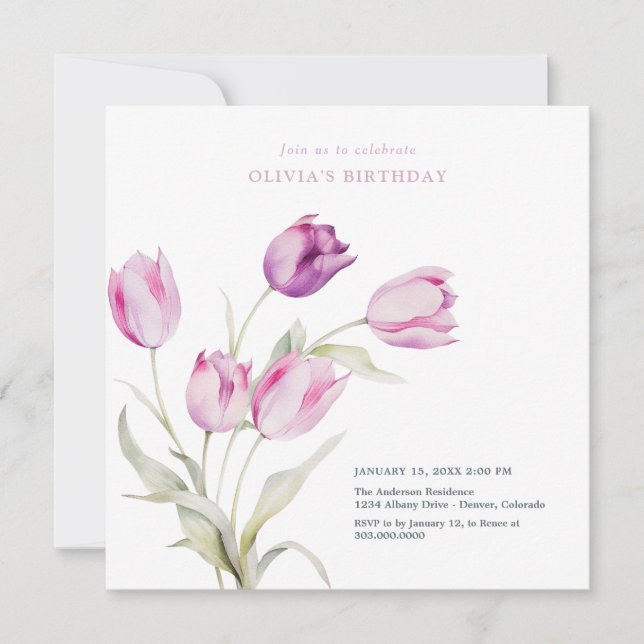 Invitation Elégante Lilac violet d'aquarelle florale Tulips (Devant)