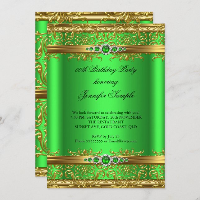 Invitation Elégante Lime Green Gold Damask Diamond Anniversai (Devant / Derrière)