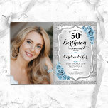 Invitation Elégante lumière Dusty Blue Roses photo 50e annive<br><div class="desc">Elégante invitation au 50e anniversaire fleurie féminine avec votre photo. Design de glam avec fausse parties scintillant argent. Comprend des rayures, des roses bleu clair poussiéreux, des caractères de script et des confettis. Parfait pour une fête anniversaire adulte élégante. Personnalisez avec vos propres détails. Peut être customisé pour n'importe quel...</div>