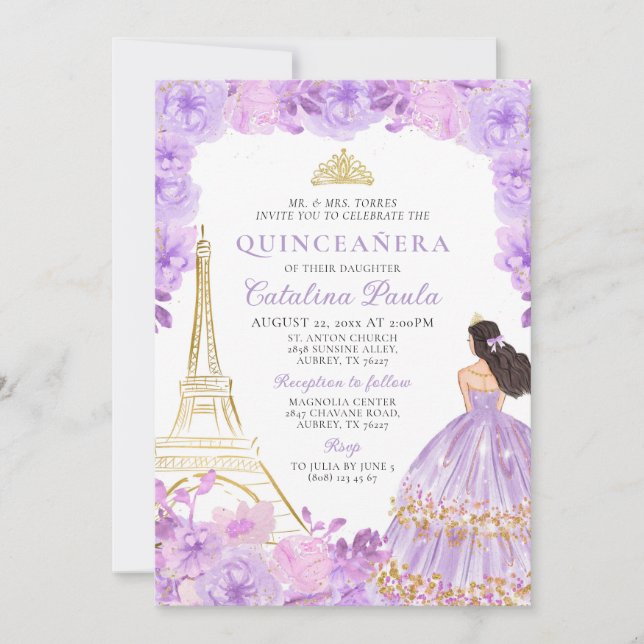 Invitation Elégante lumière violet or Tiara Paris Quinceañera (Devant)