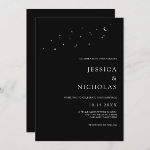 Invitation Élégante Lune et étoiles Mariage noir minimal