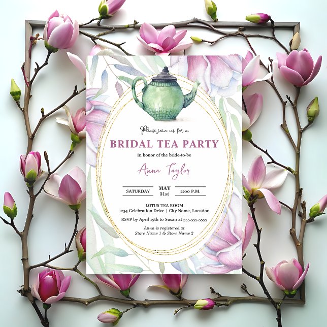 Invitation Élégante Magnolia Floral Bridal Tea Party (Elegant magnolia floral tea party invitation front.)
