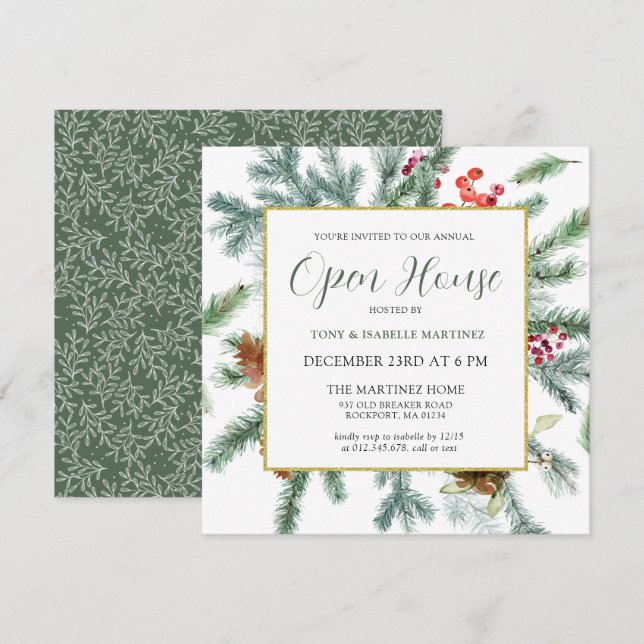 Invitation Élégante Maison ouverte botanique rustique d'hiver (Devant / Derrière)