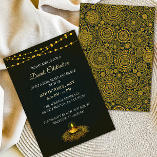 Invitation Élégante Mandala Diyas Green Gold Diwali Party