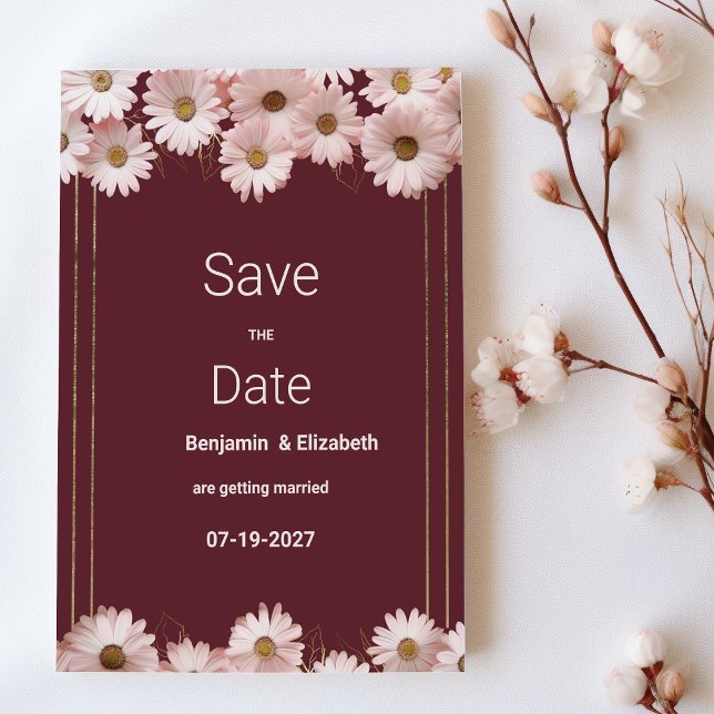 Invitation Elégante marguerite en or rose bordeaux Enregistre (Elegant burgundy pink gold daisy Save the Date)