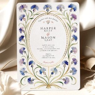 Invitation Élégante Mariage Art Nouveau Bleuet Or