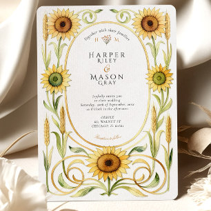 Invitation Élégante Mariage Art Nouveau Tournesol & Blé Or