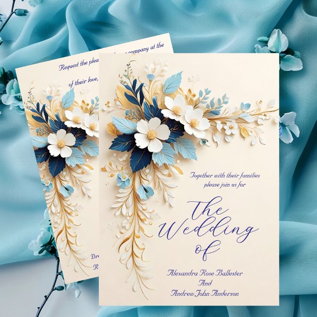 Invitation Elégante Mariage bleu blanc crème or Fleurs (Créateur téléchargé)