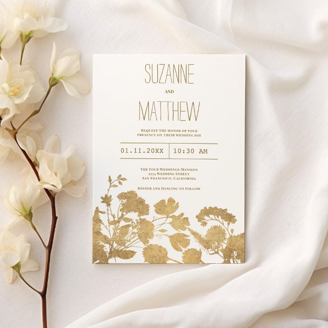 Invitation Elégante Mariage de luxe fleur sauvage or blanc (Elegant white gold wildflower luxury Wedding )