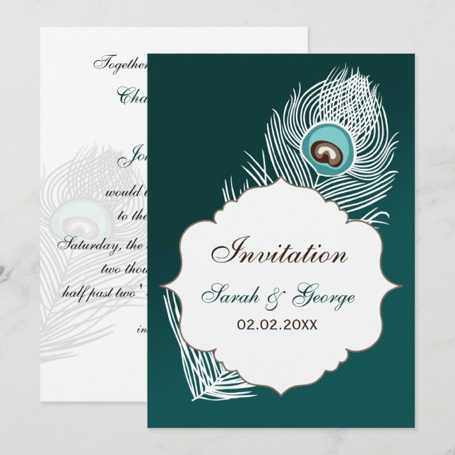 Invitation Elégante mariage de paon blanc et turquoise (Devant / Derrière)