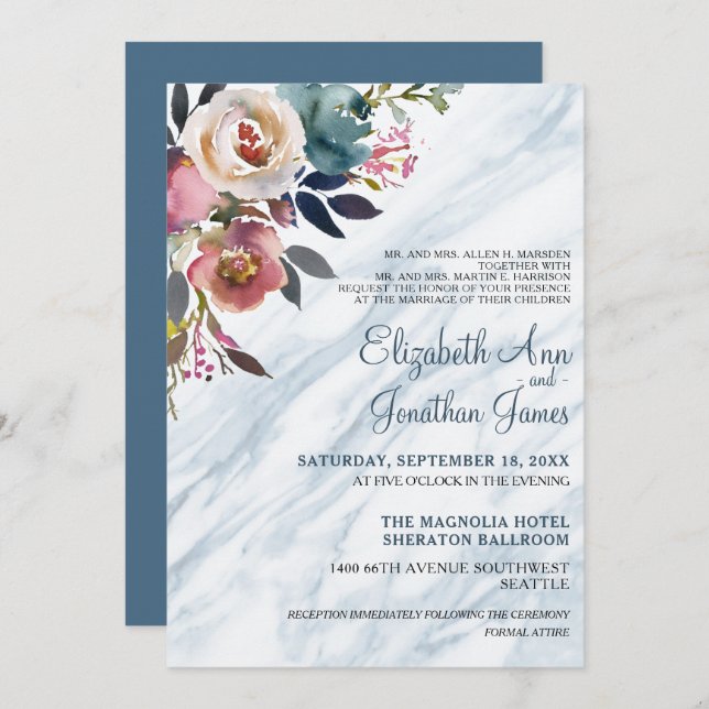 Invitation Elégante Mariage en marbre bleu bordeaux floral Du (Devant / Derrière)