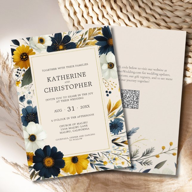 Invitation Elégante Mariage Fleur sauvage couleur beige (Watercolor Floral Elegant Beige Wedding Invitation with Blue and Yellow Wildflowers, QR Code.)
