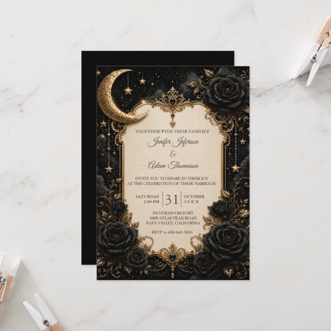 Invitation Élégante Mariage Gothique Noir & Or (Devant/Arrière en situation)