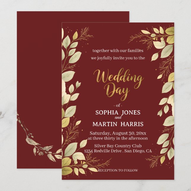 Invitation Élégante Mariage Moderne Botanique Or Bourgogne (Devant / Derrière)