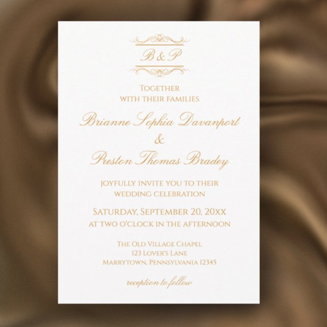 Invitation Élégante Mariage Moderne Monogramme Or & Blanc (Customize this unique golden monogram wedding invitation template. Elegant, simple gold & white.
)