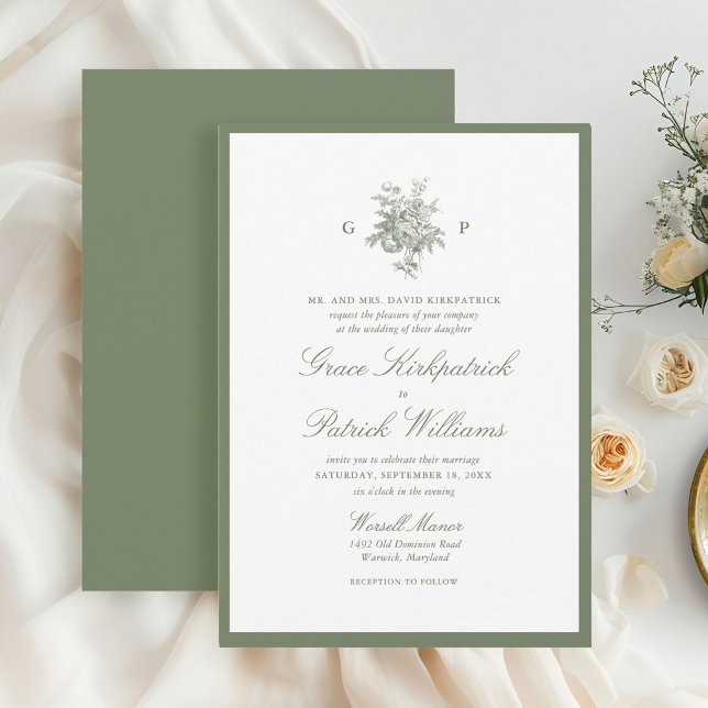 Invitation Élégante Mariage Monogramme Bordure Vert Sauge (Créateur téléchargé)