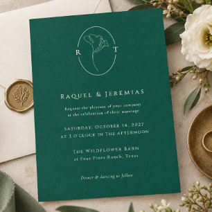 Invitation Élégante Mariage Monogramme Botanique Vert Émeraud