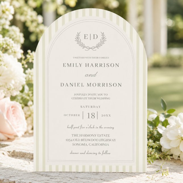 Invitation Élégante Mariage Rayé Vert Sauge Monogramme (Créateur téléchargé)