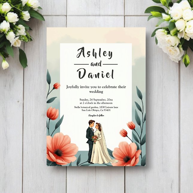 Invitation Élégante Mariage Romantique Fleurs Mariés (Créateur téléchargé)