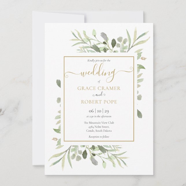 Invitation Élégante Mariage Script Géométrique Or Végétal (Devant)