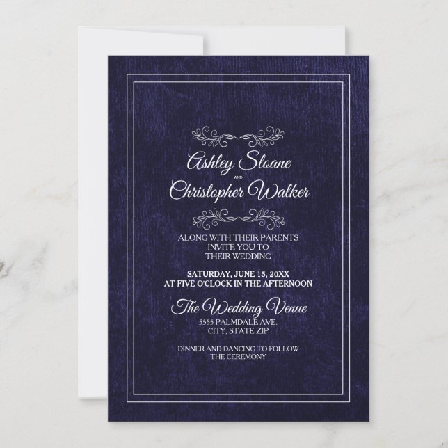 Invitation Élégante Mariage Velours Bleu Nuit Blanc Monogramm (Devant)
