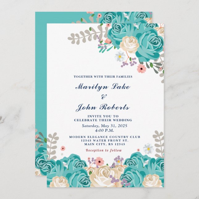 Invitation Elégante Mariage Vert Beige Rose Fleurs (Devant / Derrière)