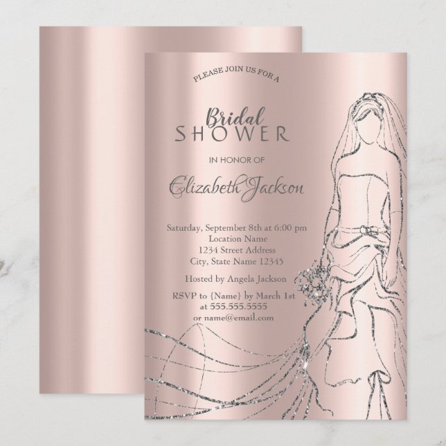 Invitation Élégante mariée d'argent, Rose Fête des mariées d' (Devant / Derrière)