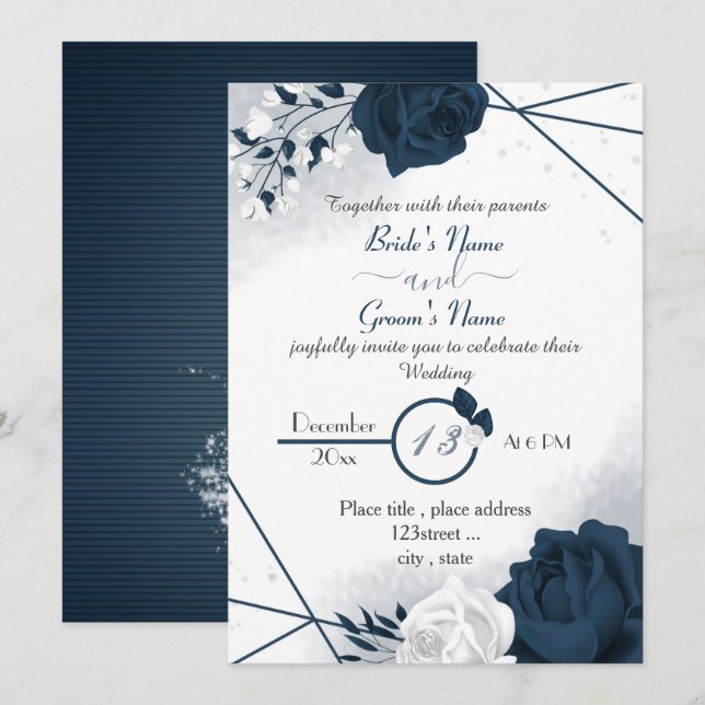 Invitation élégante marine bleu & blanc fleurs mariage invita (Devant / Derrière)