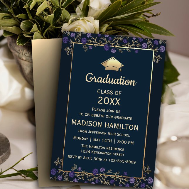 Invitation Élégante Marine Bleu et Gold Graduation Party (Elegant Navy Blue and Gold Graduation Party Invitation, 
 #purpleinvitation #purplegraduation )
