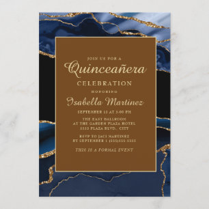Invitation Elégante Marine Bleu Marbre Or Agate Quinceañera