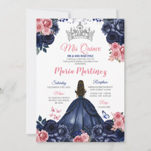 Invitation Elégante Marine Bleu Papillon rose Floral Mis Quin