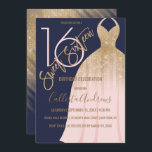 Invitation Elégante Marine Bleu Parties scintillant or robe S<br><div class="desc">Cette invitation d'anniversaire cool, unique et glamour en Sweet sixteen est le design parfait pour la fille d'anniversaire élégante et chic. Son design se compose d'une parties scintillant étincelante en or faux imprimé et d'une robe de princesse en dégradé rose roux sur un arrière - plan bleu marine avec typographie...</div>