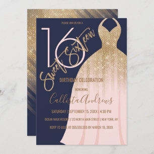 Invitation Elégante Marine Bleu Parties scintillant or robe S