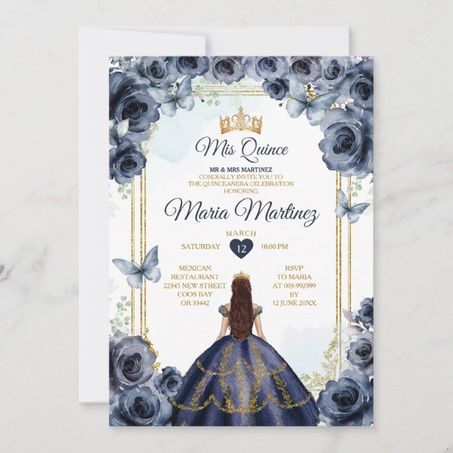 Invitation Elégante Marine Bleue Floral Princesse Quiñceanera (Devant)