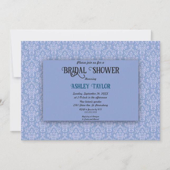 Invitation Elégante Marine Blue Damask Script Fête des mariée (Devant)