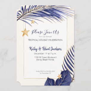Invitation Elégante Marine Blue et Gold Tropical Holiday Part