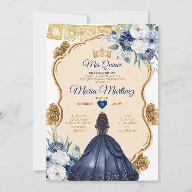 Invitation Elégante Marine Blue Floral Princesse Quinceañera (Devant)