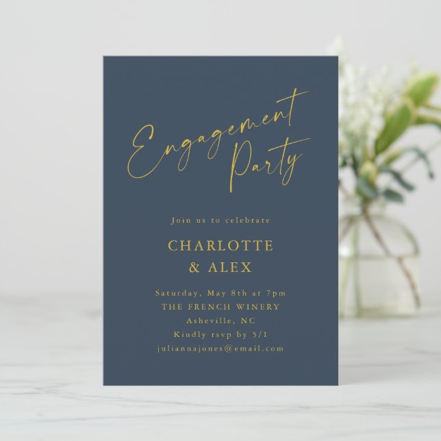 Invitation Elégante Marine Blue Yellow Gold Party (Debout devant)