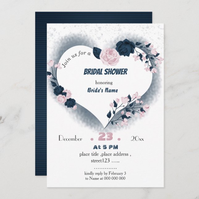 Invitation élégante marine & coeur floral rose douche nuptial (Devant / Derrière)
