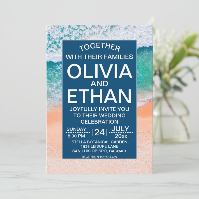 Invitation Elégante Marine de la plage Bleu de la mer Vagues  (Debout devant)