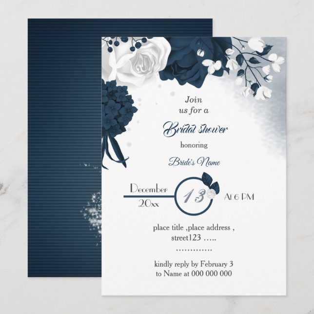 Invitation élégante marine et fleurs blanches douche nuptiale (Devant / Derrière)