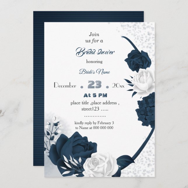 Invitation élégante marine et fleurs blanches douche nuptiale (Devant / Derrière)