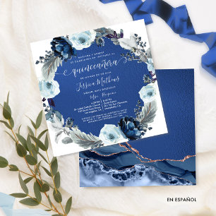 Invitation Elégante Marine et Royal Blue Flowers Quinceañera