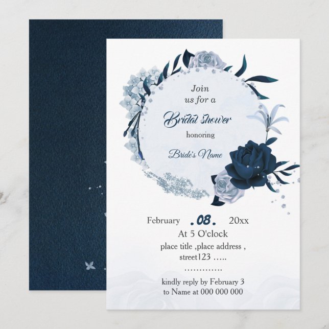 Invitation élégante marine & fleurs bleues poussiéreuses douc (Devant / Derrière)