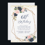 Invitation élégante marine florale 60e anniversaire invitatio<br><div class="desc">design floral élégant avec des fleurs d'aquarelle marine et rousse. Le texte et les couleurs peuvent être personnalisés.</div>