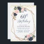 Invitation élégante marine florale 60e anniversaire invitatio<br><div class="desc">design floral élégant avec des fleurs d'aquarelle marine et rousse. Le texte et les couleurs peuvent être personnalisés.</div>